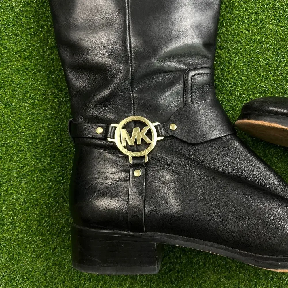 Michael Kors Black Mocha Leather Riding Fulton Harness Boots 10M - Picture 2 of 5